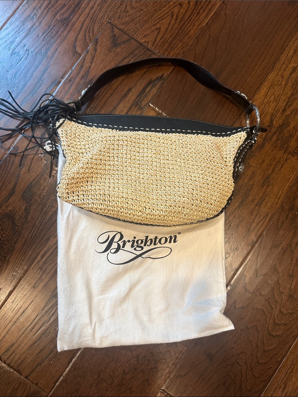 Brighton Straw Shoulder Bag with Black Trim and Tassel